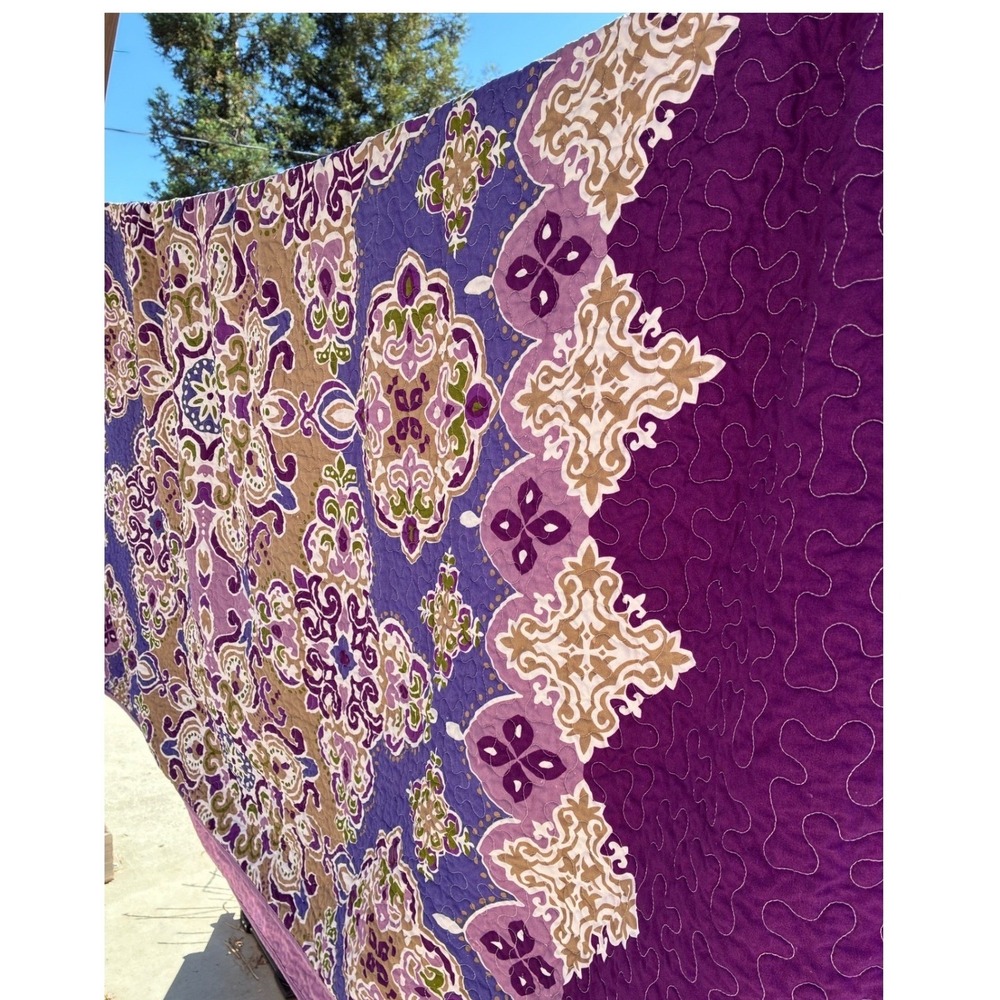 Purple Bohemian Quilted Comforter Set with 2 Shams 85"x 85" Mandala Damask Print